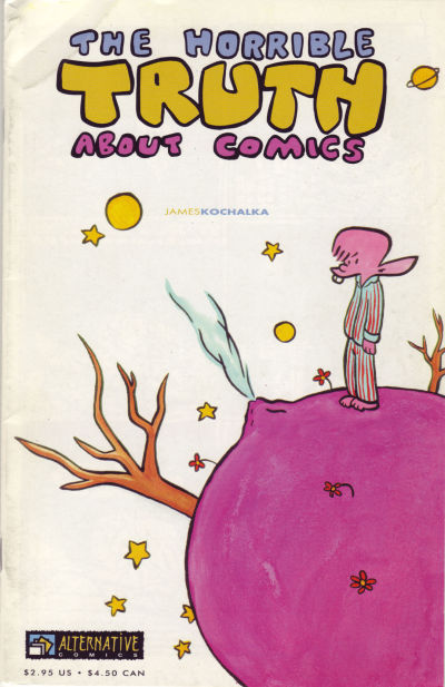 A buck toothed elf in pyjamas is standing on a small pink planet